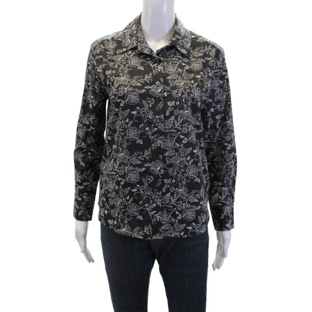 Mona Thalheimer Womens Cotton Floral Collared Button-Down Shirt Black Size S